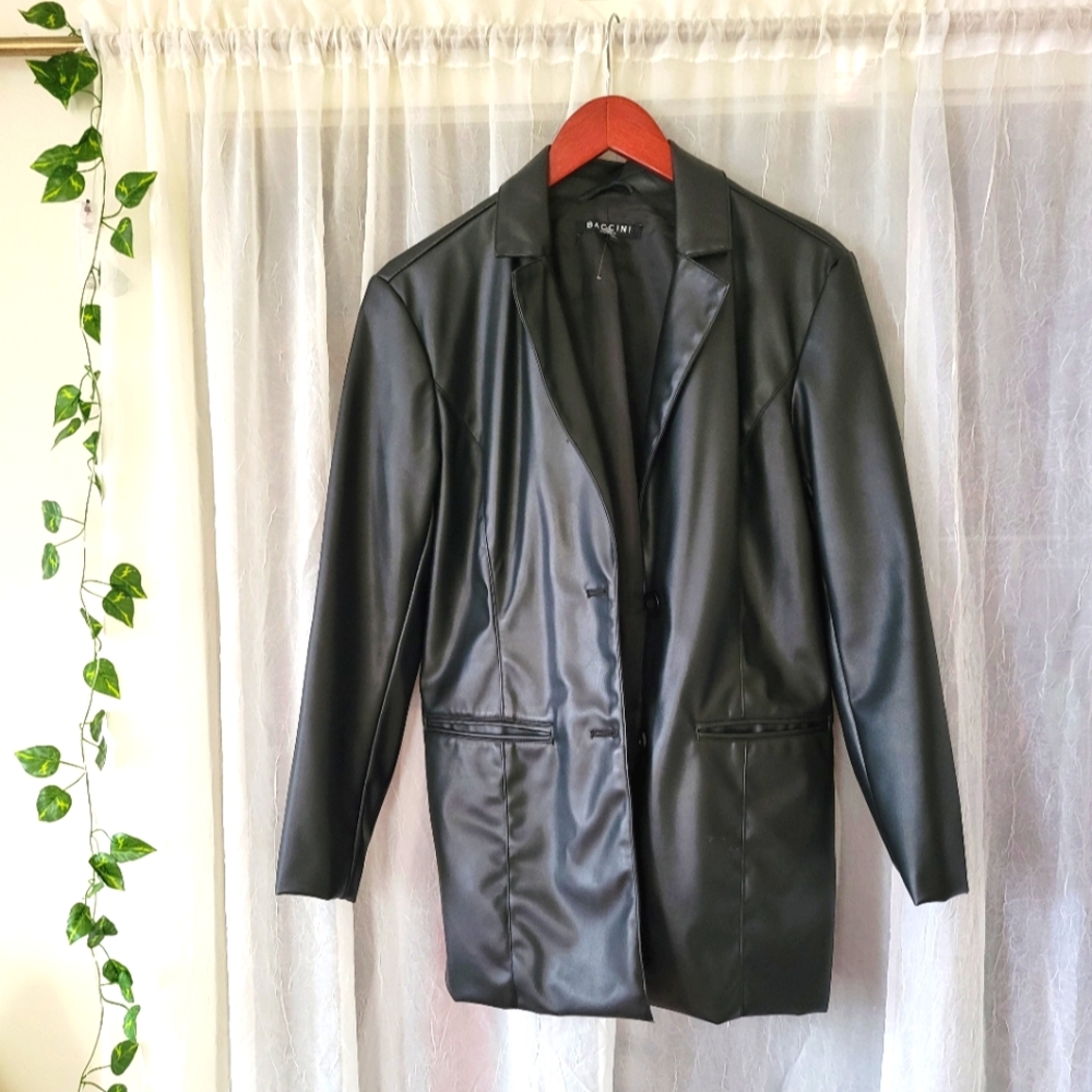 Long faux black leather jacket